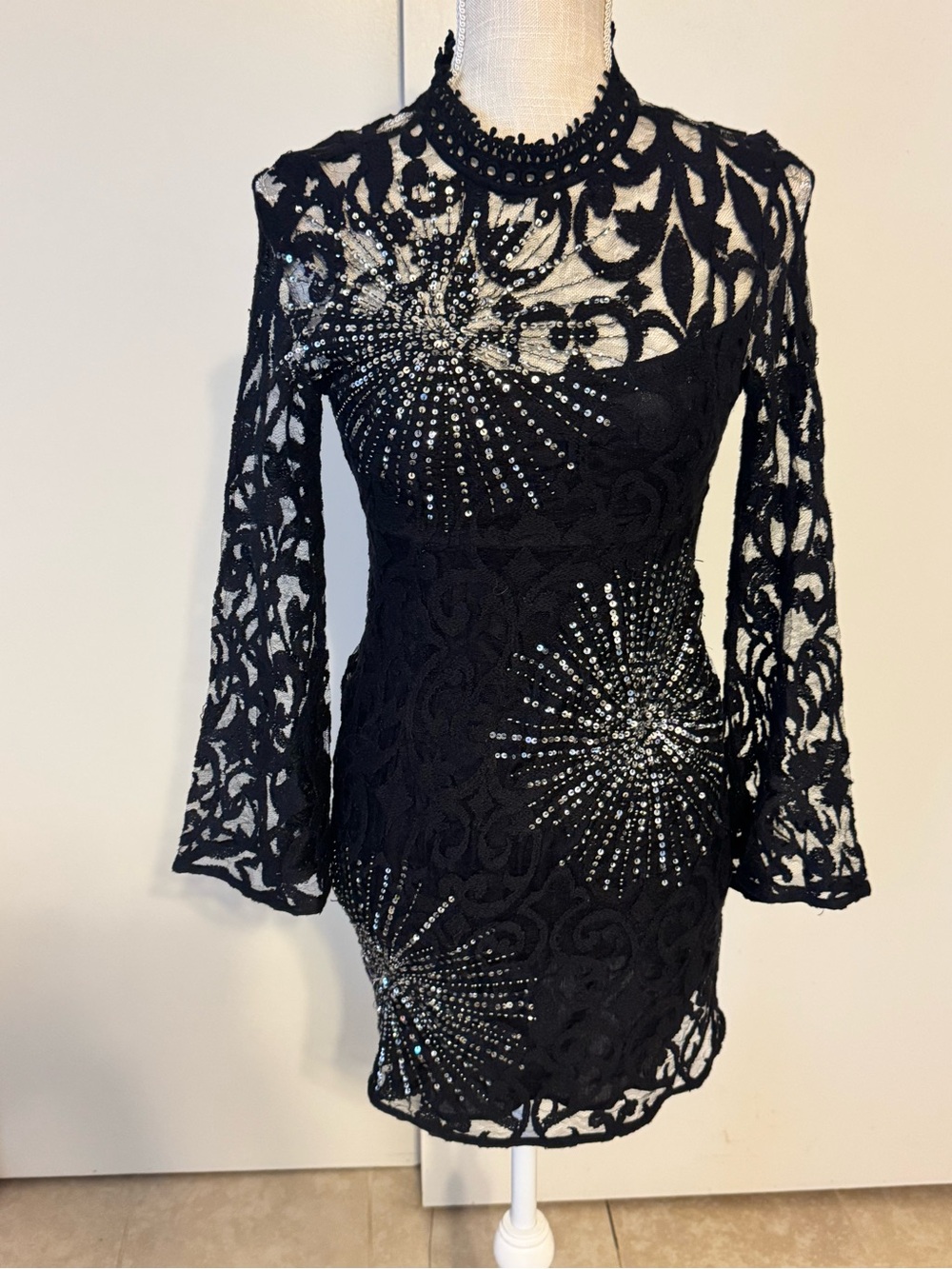Free People Black Lace Mini Dress with Sequin Starburst Detail